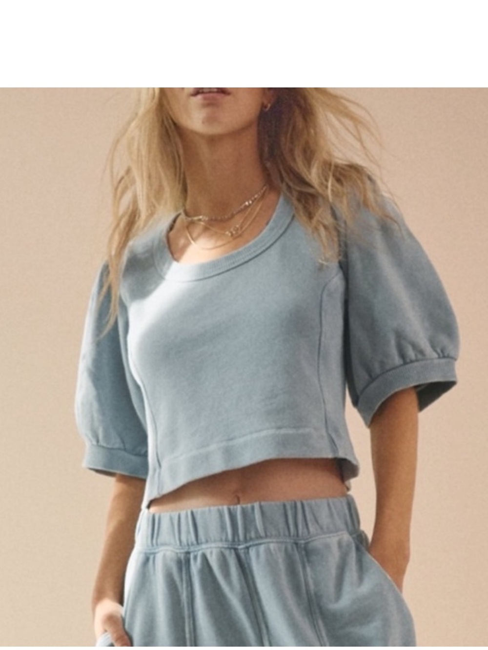 AERIE Seams Right Puff Sleeve Cropped Sweatshirt Light Blue Cloud Wash Size XL